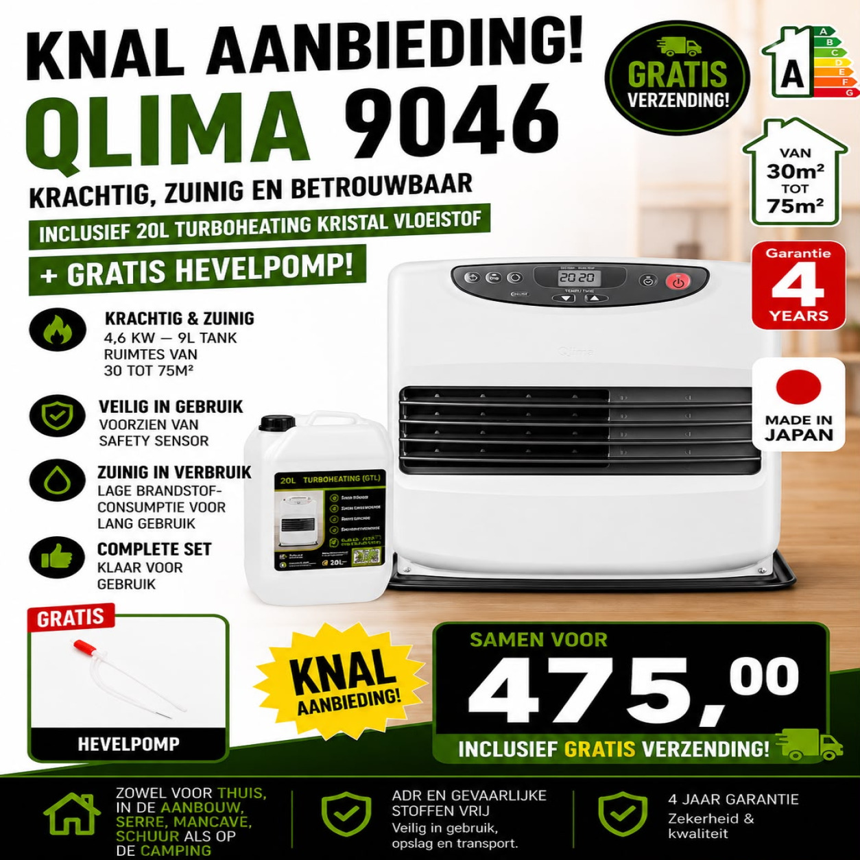 Qlima 9046 met 20L vloeistof en hevelpomp aanbieding
